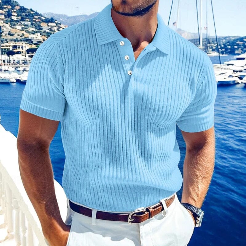 Herren Strick Poloshirt Slim Fit | Geripptes Sommerhemd kurzarm hellblau [ Herrenkollektion - Poloshirts - Frühling & Sommer '25 ] 120 - Herren Strick Poloshirt Slim Fit Gratti Paris 