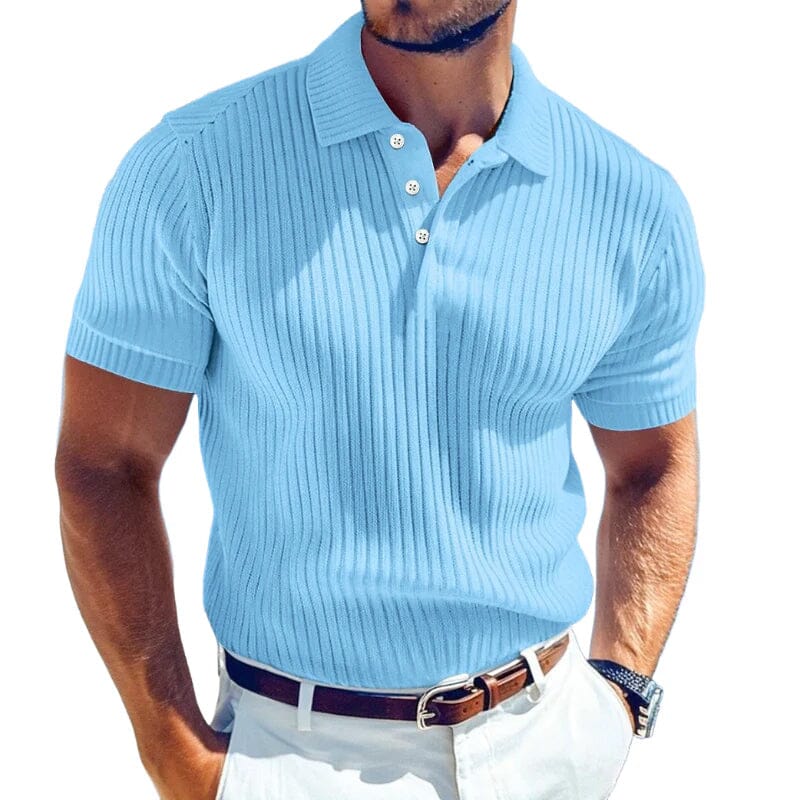 Herren Strick Poloshirt Slim Fit | Geripptes Sommerhemd kurzarm hellblau [ Herrenkollektion - Poloshirts - Frühling & Sommer '25 ] 120 - Herren Strick Poloshirt Slim Fit Gratti Paris Hellblau S 