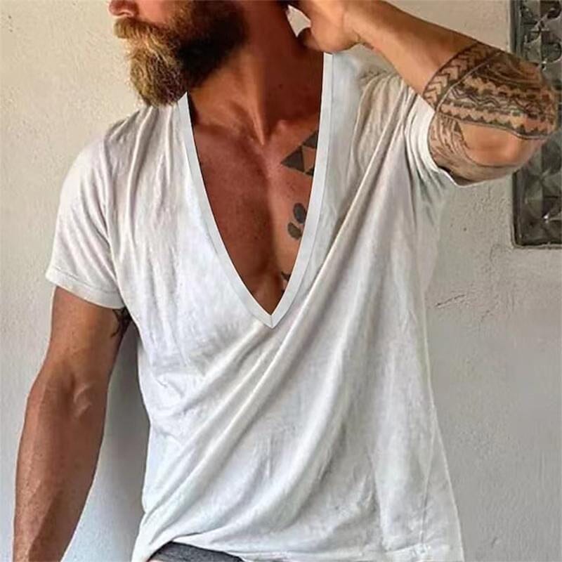 Herren T-Shirt mit tiefem V-Ausschnitt | Lässiges Sommer T-Shirt weiß [ Herrenkollektion - Frühling & Sommer '25 - Hemden ] 102 - Herren T-Shirt mit tiefem V-Ausschnitt Gratti Paris Weiß XS 