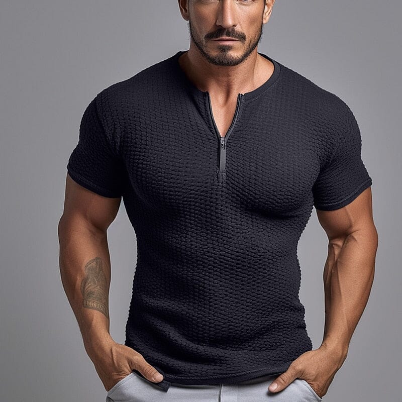 Herren T-Shirt Reißverschluss | Muskelshirt Waffelstruktur [ Herrenkollektion - Frühling & Sommer '25 - Hemden ] 13 - Herren T-Shirt Reißverschluss Gratti Paris Schwarz S 