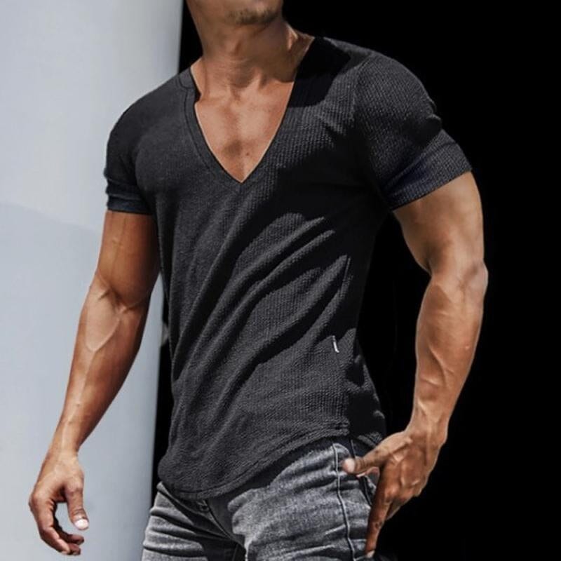 Herren T-Shirt V-Ausschnitt Slim Fit | Eng Anliegendes Freizeitshirt mit Waffelstruktur [ Herrenkollektion - Frühling & Sommer '25 - Hemden ] 299 - Herren T-Shirt V-Ausschnitt Slim Fit Gratti Paris Schwarz XS 