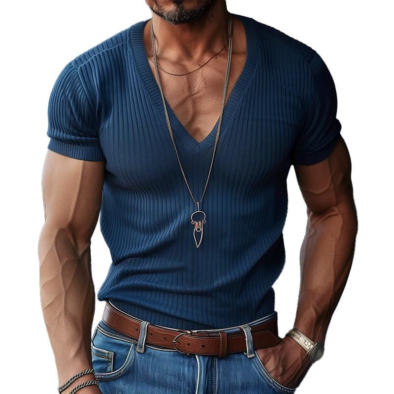 Herren T-Shirt V-Ausschnitt Slim Fit | Geripptes Muskelshirt kurzarm blau [ Herrenkollektion - Frühling & Sommer '25 - Hemden ] 84 - Herren T-Shirt V-Ausschnitt Slim Fit Gratti Paris 