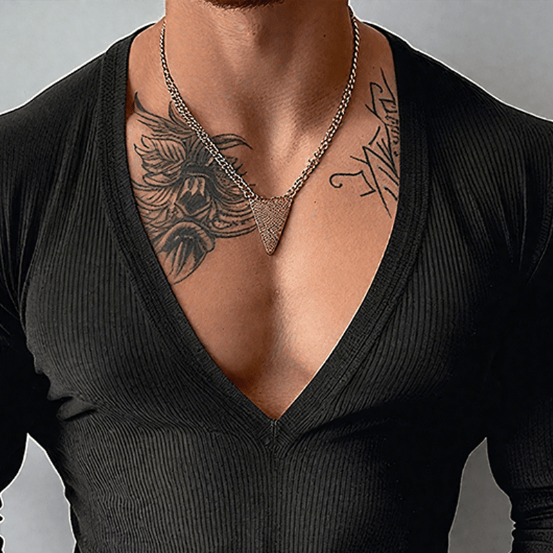 Herren T-Shirt V-Ausschnitt Slim Fit | Geripptes Muskelshirt langarm schwarz [ Herrenkollektion - Langarmhemden - Sommerlangarm ] 137 - Herren T-Shirt V-Ausschnitt Slim Fit Gratti Paris 