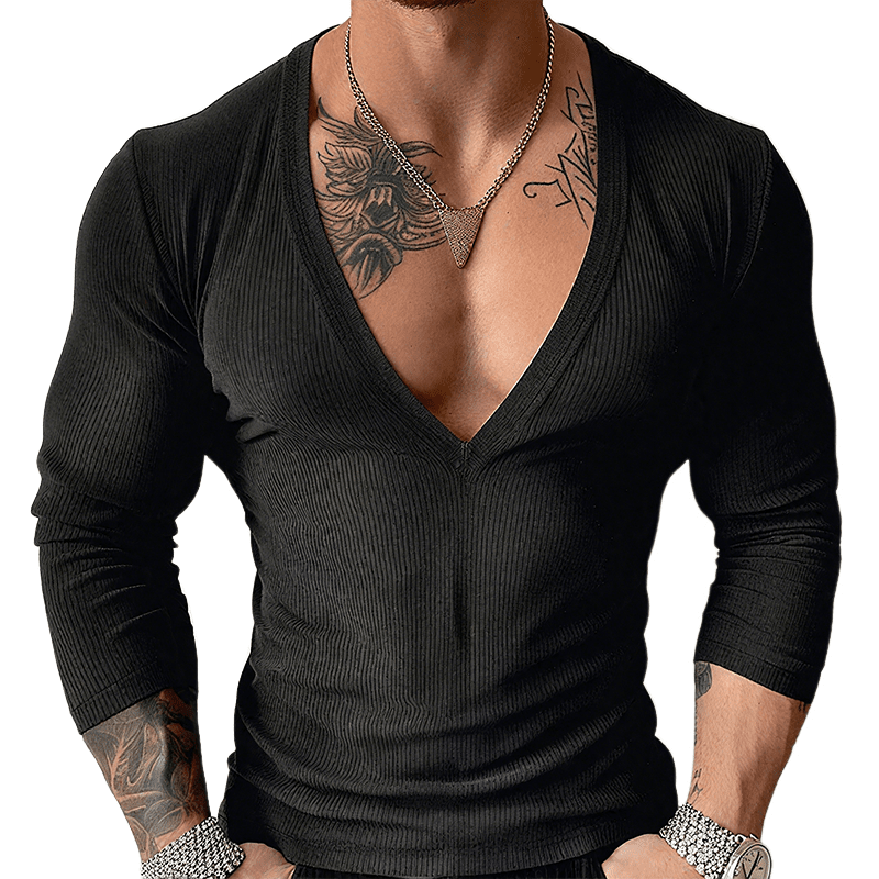 Herren T-Shirt V-Ausschnitt Slim Fit | Geripptes Muskelshirt langarm schwarz [ Herrenkollektion - Langarmhemden - Sommerlangarm ] 137 - Herren T-Shirt V-Ausschnitt Slim Fit Gratti Paris 