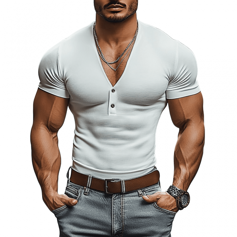 Herren T-Shirt V-Ausschnitt Slim Fit | Muskelshirt mit Knopfleiste weiß [ Herrenkollektion - Frühling & Sommer '25 - Hemden ] 108 - Herren T-Shirt V-Ausschnitt Slim Fit Gratti Paris Weiß S 