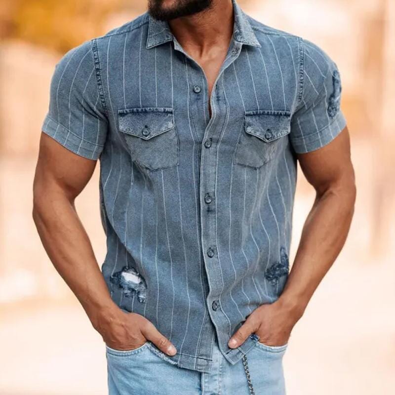 Herren Vintage Jeanshemd kurzarm | Used-Look Hemd gestreift zerrissen [ Herrenkollektion - Frühling & Sommer '25 - Hemden ] 92 - Herren Vintage Jeanshemd kurzarm Gratti Paris 